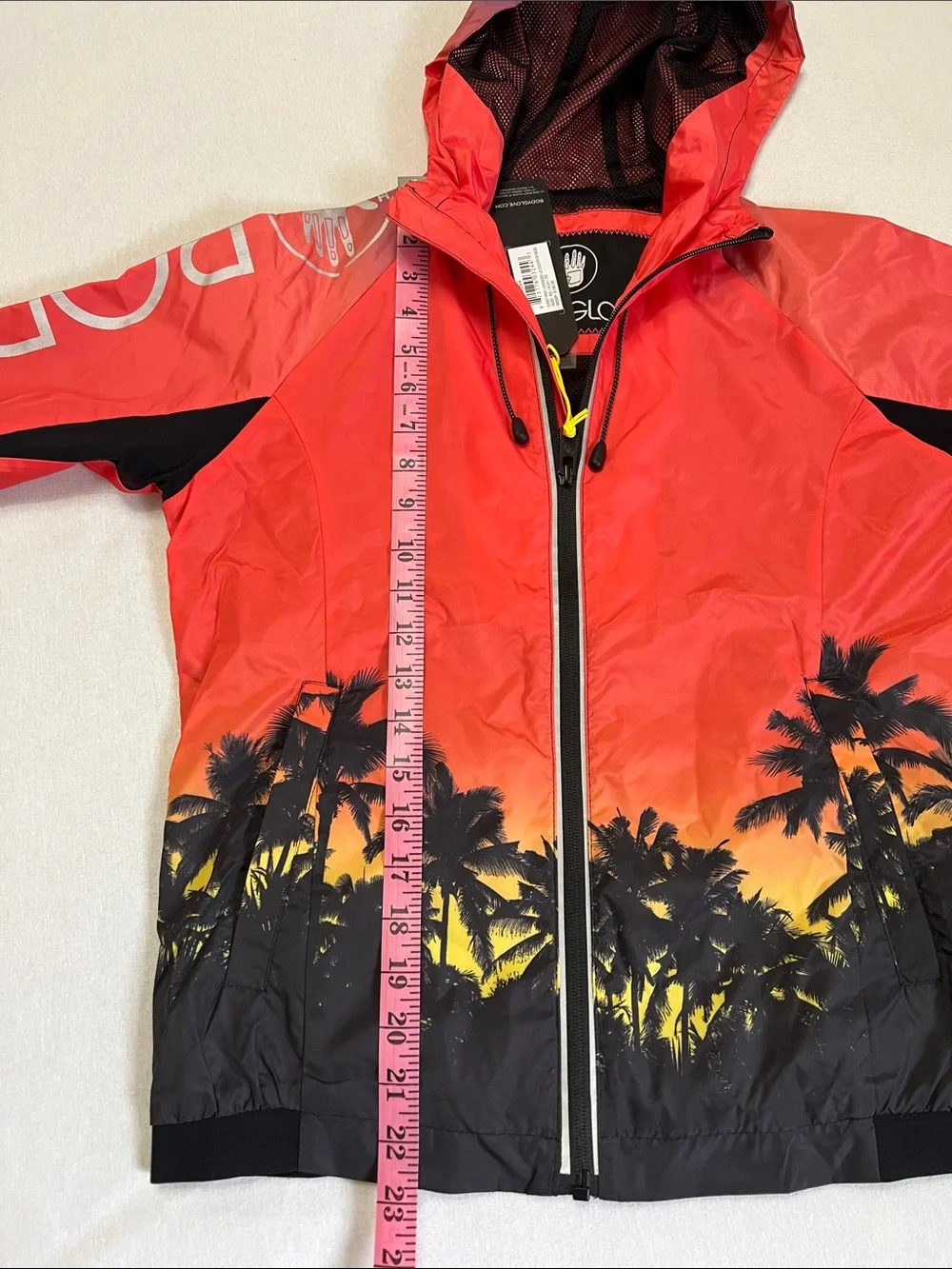 NEW Body Glove Vibrant Sunset Palm Tree Print Hooded Windbreaker Light Jacket XS